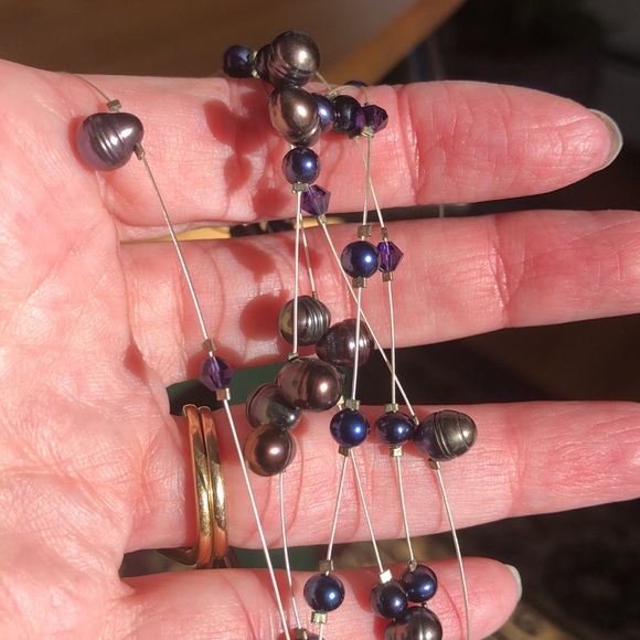 Sterling Silver Clasp And Purple, Blue and Bronzy Pearls and Crystal Necklace - Picture 13 of 13